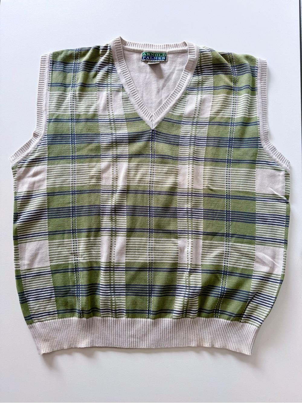 Vintage 90s Arnold Palmer Sweater Vest Mens XL Plaid Golf Knit Sage Green Cotton